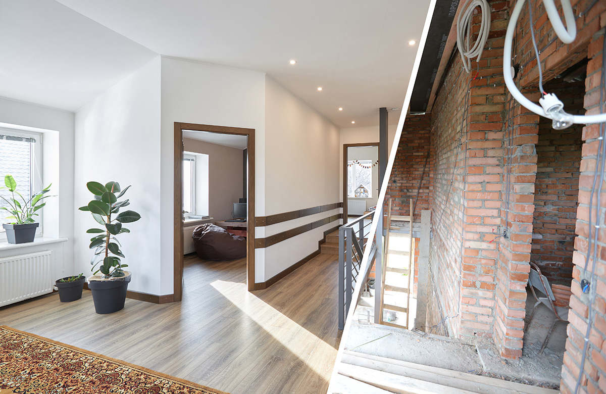 Home renovation concept. Before and after interior in modern style